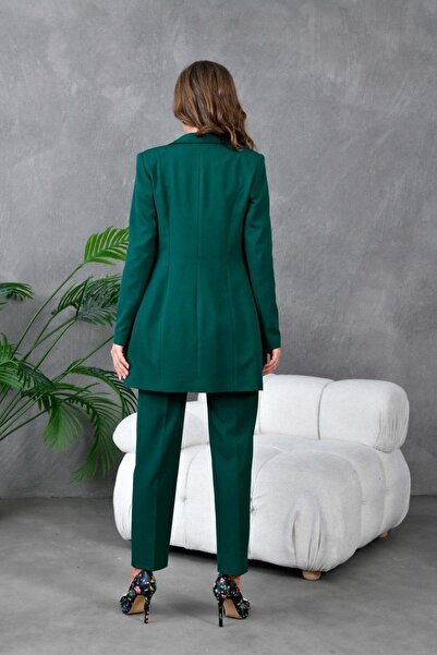 nodilife Saten Yaka Kruvaze Ceketli Kadın Takım Elbise Yeşil