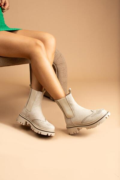 ShoeTek Maureen Kadın Bot&Bootie Ön Desenli Yandan Lastikli Bej Süet