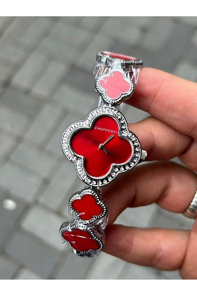 Choppers Clover Design Elegant Red Dial and Stone Detail Steel Women's Wristwatch