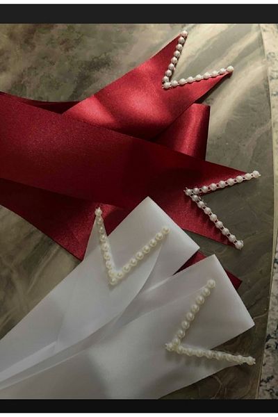 Hobigram 6 cm Length Burgundy Cream Bridal Ribbon with Pearls - 2 Meters Wedding Henna Night