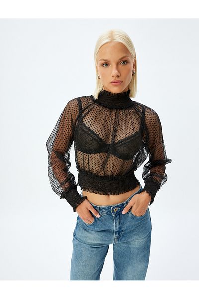 Koton Crop Tulle Transparent Blouse Long Sleeve Stand Collar Cuffs and Elastic Waistband
