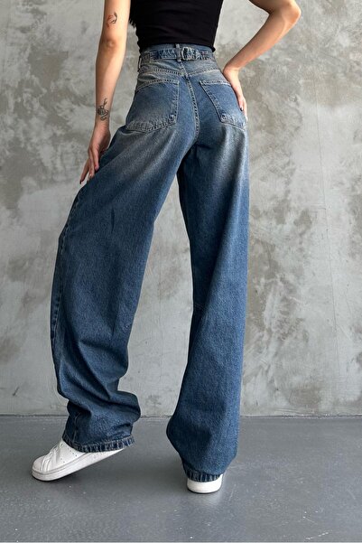 macharel jeans Toka Detaylı Koyu Mavi Bol Kesim Geniş Paça Rahat Baggy Jean Pantolon