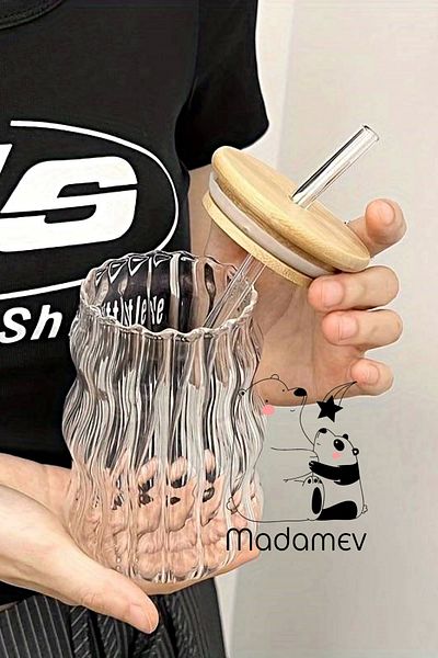 Madamev 4-Piece Bamboo Lid Gourd Latte Scandinavian Glass Straw Cup Coffee Cocktail Presentation Cup 400ml