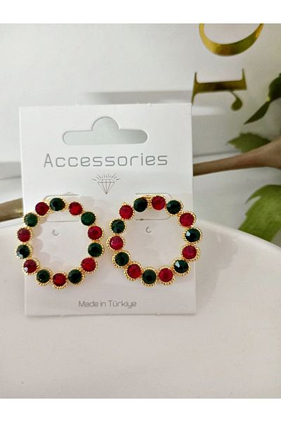 mos&more Red Green Circle Women's Earrings with Gold Crystal Stones