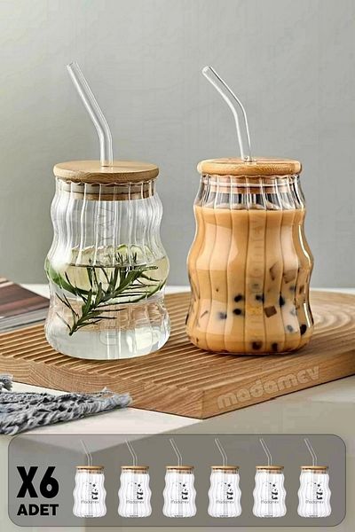 Madamev 6-Piece Bamboo Lid Gourd Latte Scandinavian Glass Straw Cup Coffee Cocktail Presentation Cup 400ml