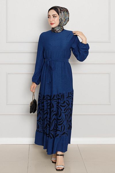 Sevitli Saks Blue Patterned Karin Dress