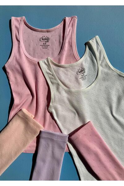 VicTroy Pamuklu, 4'lü Desen Delikli Örme Klasik Kolsuz Kız Çocuk Atlet ve Şort Takımı