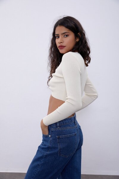 SHERIN V-подібний виріз, звичайний, екрю, жіночий, екрю, V-подібний виріз, декольте, трикотаж, K