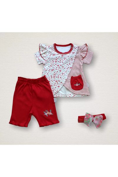 RUBY BOUTİQUE Angel Girl Embroidered Bandana Short Sleeve Sweatshirt Shorts 3 Piece Baby Girl Set Red