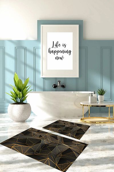 Napoli Home Set de scaune de toaletă cu model geometric lavabil imprimat digital, KLOZET-87-GOLD,