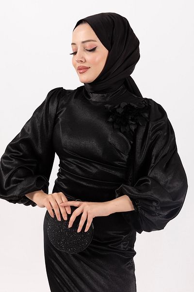 Stilife فستان سهرة سانا أسود - بروش مفصل