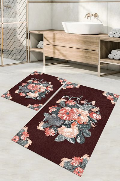 Napoli Home Set de scaun de toaletă pentru baie, lavabil, lavabil, imprimat digital, cu detalii florale, KLOZET-99-BORDO,