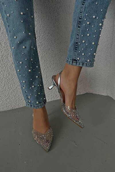 STRASWANS Jessica Women's Stone Detail Transparent Heeled Shoes Silver