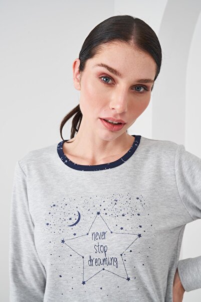 PJS 24544 Gri Pamuklu Uzun Kollu Kadın Pijama Takımı