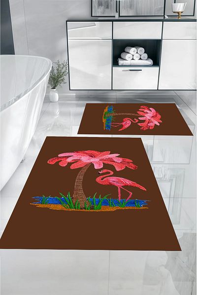 Napoli Home Digital Printed Washable Plain Flamingo Patterned Bath Mat Toilet Set, Toilet-91-Brown,