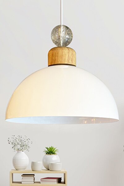 Bamyum Yimpi Beyaz Geniş Ahşap Kristal Boncuk Avize Tekli Sarkıt Salon Mutfak...