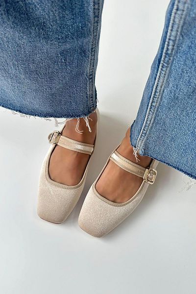 STRASWANS Carlisa Women's Velvet Ballerinas - Beige with Belt Detail