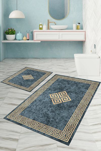 Napoli Home Set de scaune de toaletă pentru baie model clasic, lavabil, imprimat digital, cu cadru, KLOZET-54-ALBASTRU,