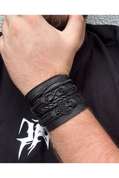 BSN Store Black Figured Tree of Life and Infinity 5-Piece Black Genuine Leather Bracelet