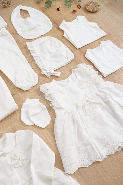 Sitilin Baby Girl Natural Cotton Fabric Scalloped Lace Luxury 10 Piece Hospital Discharge Set Stl6800