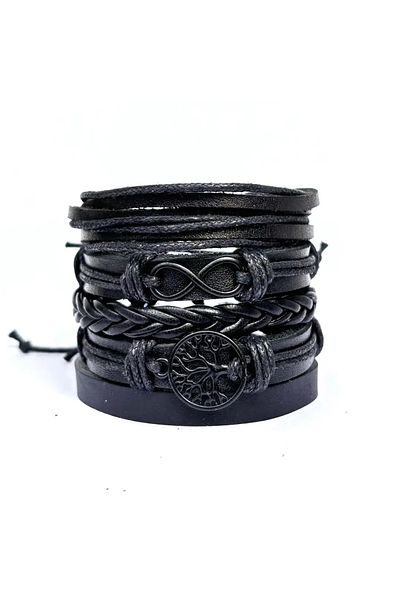 BSN Store Black Figured Tree of Life and Infinity 5-Piece Black Genuine Leather Bracelet