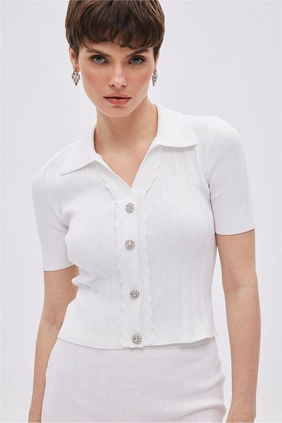 SHERIN Ecru Shirt Collar Knitwear Blouse