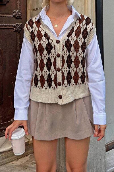 Rey Kadın Gömlekli Süveter Baklava Desenli