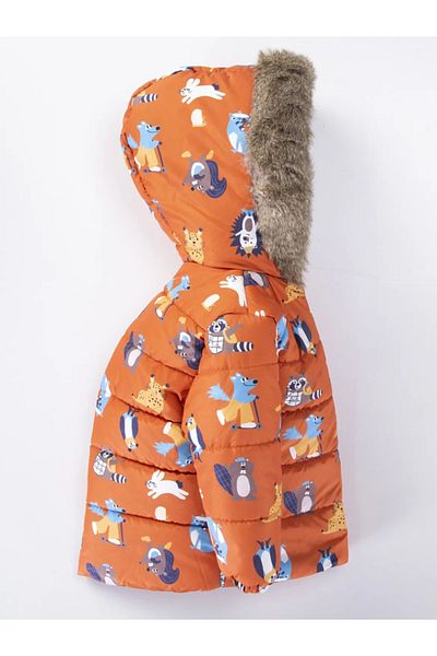 MDM Raccoon and Mole Patterned Baby Boy Coat - Zippered, Gilded Hood, Plush Inflatable Inside