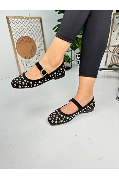 İmerShoes Daily Black Women's Flats Trock Single Band Gold Buckle Suede Serrated Sole Low Heeled Shoes 349