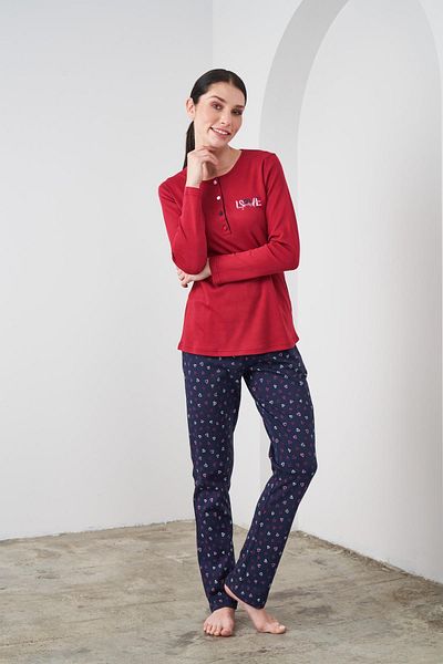 PJS 24540 Set de pijamale de damă cu mânecă lungă din bumbac roșu Claret