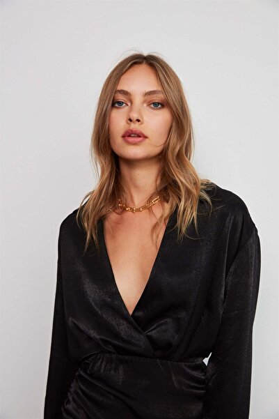 VATKALI Büzgü Detaylı Uzun Kol Elbise Siyah