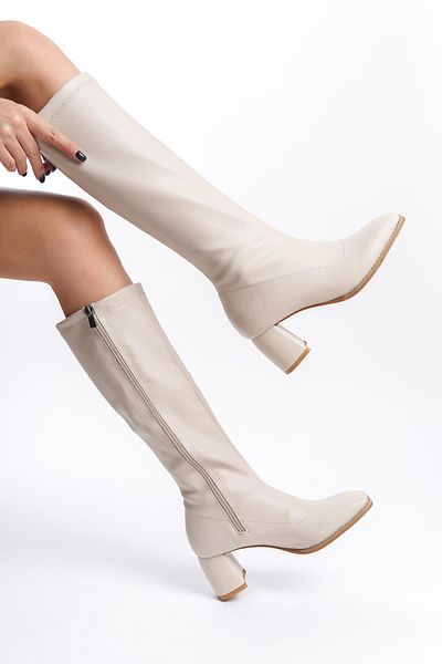 Bak Store Beige Stretch Blunt Toe Heeled Women's Boots