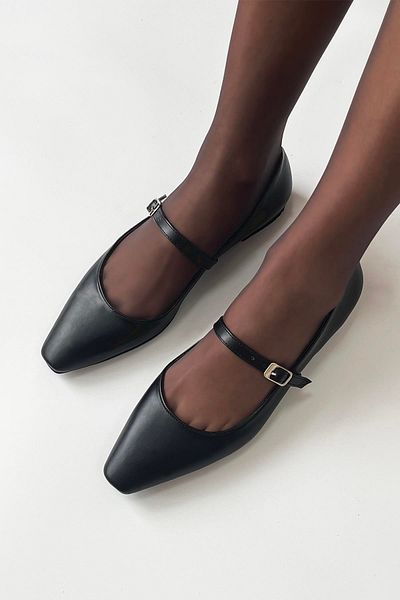 STRASWANS Rogers Black Leather Women's Ballerinas and Belt Detailed