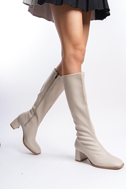 Bak Store Beige Stretch Blunt Toe Heeled Women's Boots