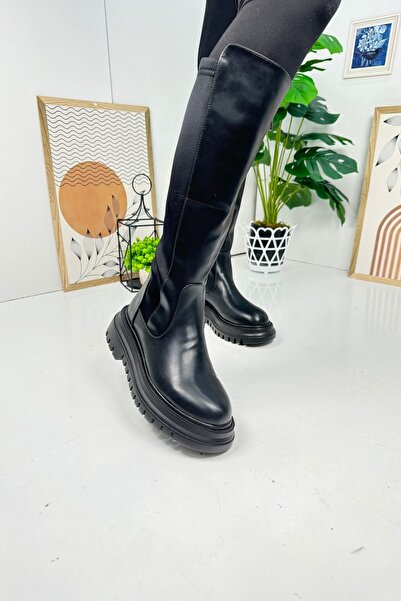 Nstil Μαύρες γυναικείες μπότες - Χοντρή οδοντωτή σόλα, ύφασμα κατάδυσης, ελαστικό κάτω από το γόνατο, οβάλ μύτη με φερμουάρ, μοντέλα 365