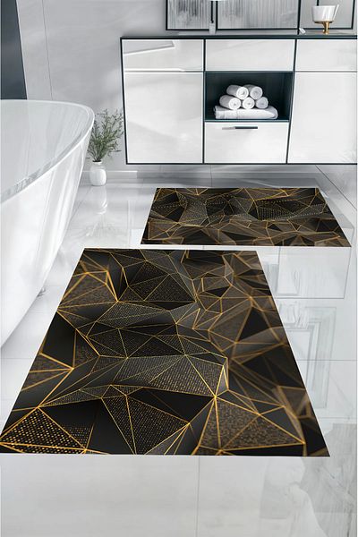 Napoli Home Set de scaune de toaletă cu model geometric lavabil imprimat digital, KLOZET-87-GOLD,