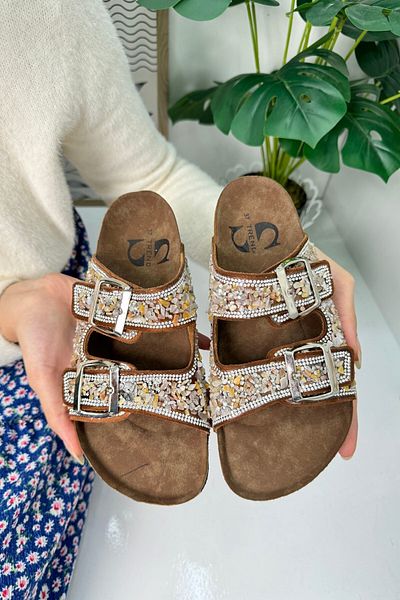 İmerShoes Καθημερινές γυναικείες μαύρες παντόφλες με διπλή πόρπη με βότσαλο πέτρα οβάλ σόλα από φελλό Χαμηλό τακούνι 1792