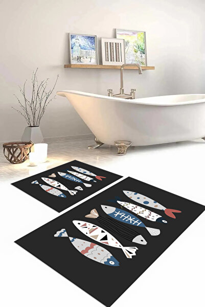 Napoli Home Set de scaune pentru toaletă cu covoraș de baie cu model de pește...