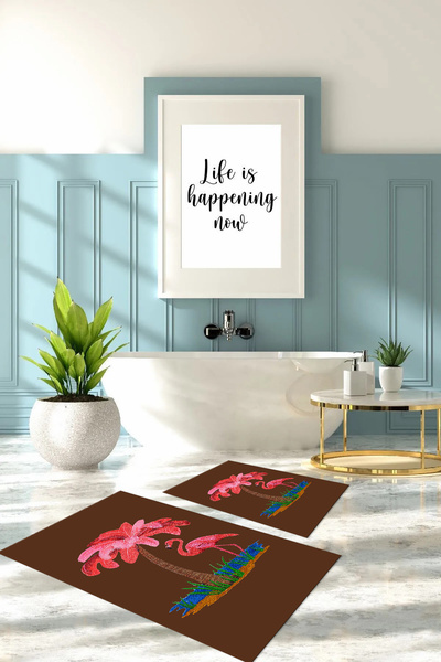 Napoli Home Digital Printed Washable Plain Flamingo Patterned Bath Mat Toilet Set, Toilet-91-Brown,