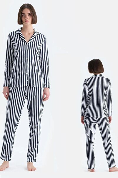 Eros 33600 Модель Бавовняна смугаста сорочка з коміром Жіночий піжамний комплект - СИНІЙ
