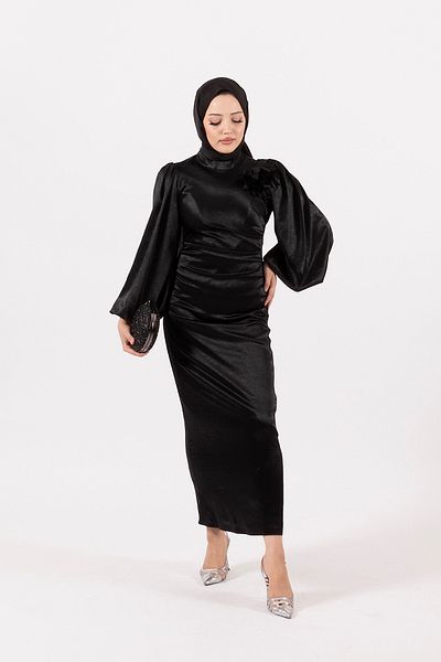Stilife فستان سهرة سانا أسود - بروش مفصل