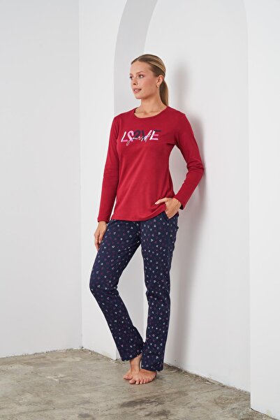 PJS 24541 Bordo Pamuklu Uzun Kollu Kadın Pijama Takımı