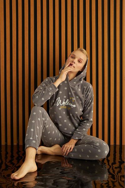 Pemilo Set de pijamale din lână cu glugă cu nervuri - Femei 3720-22 SMOKED