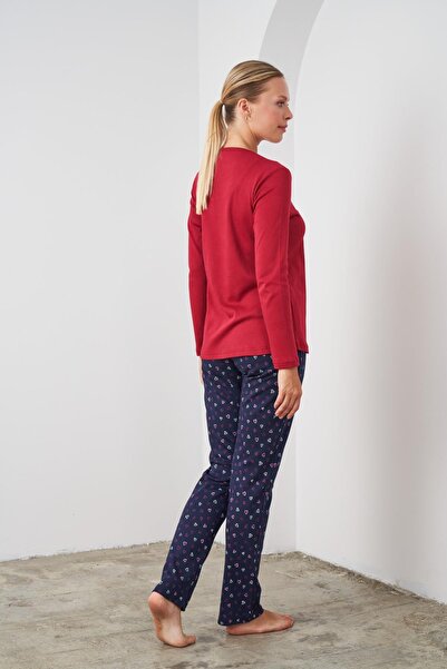 PJS 24541 Bordo Pamuklu Uzun Kollu Kadın Pijama Takımı