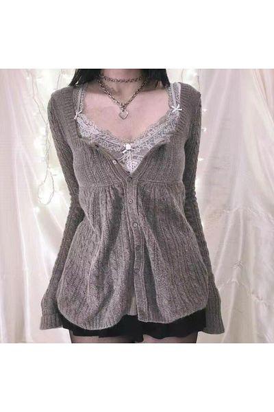 Gofeel Harajuku Gray Vintage Button Detailed Retro Knitwear Cardigan