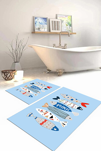 Napoli Home Set de scaune pentru toaletă cu covoraș de baie cu model de pește colorat, lavabil, imprimat digital