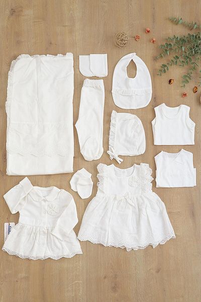 Sitilin Baby Girl Natural Cotton Fabric Scalloped Lace Luxury 10 Piece Hospital Discharge Set Stl6800