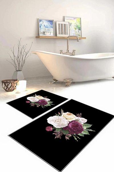 Napoli Home Set de scaune de toaletă cu covoraș de baie, lavabil, lavabil, imprimat digital, cu motiv floral, KLOZET-65-BLACK,
