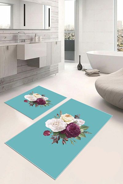 Napoli Home Digital Printed Washable Non-Slip Floral Motif Bath Mat Toilet Set, Klozet-65-Turkuaz,