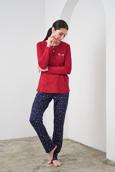 PJS 24540 Set de pijamale de damă cu mânecă lungă din bumbac roșu Claret